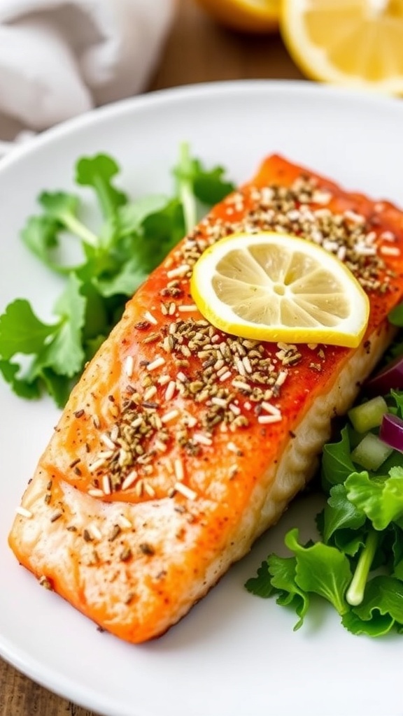 Air fryer salmon fillet with everything bagel seasoning and lemon wedges on a white plate.
